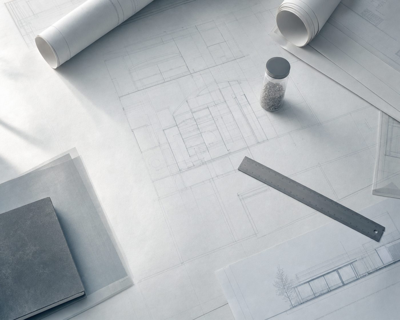 Architectural drawings, a scale ruler, and a laboratory sample container on a work table