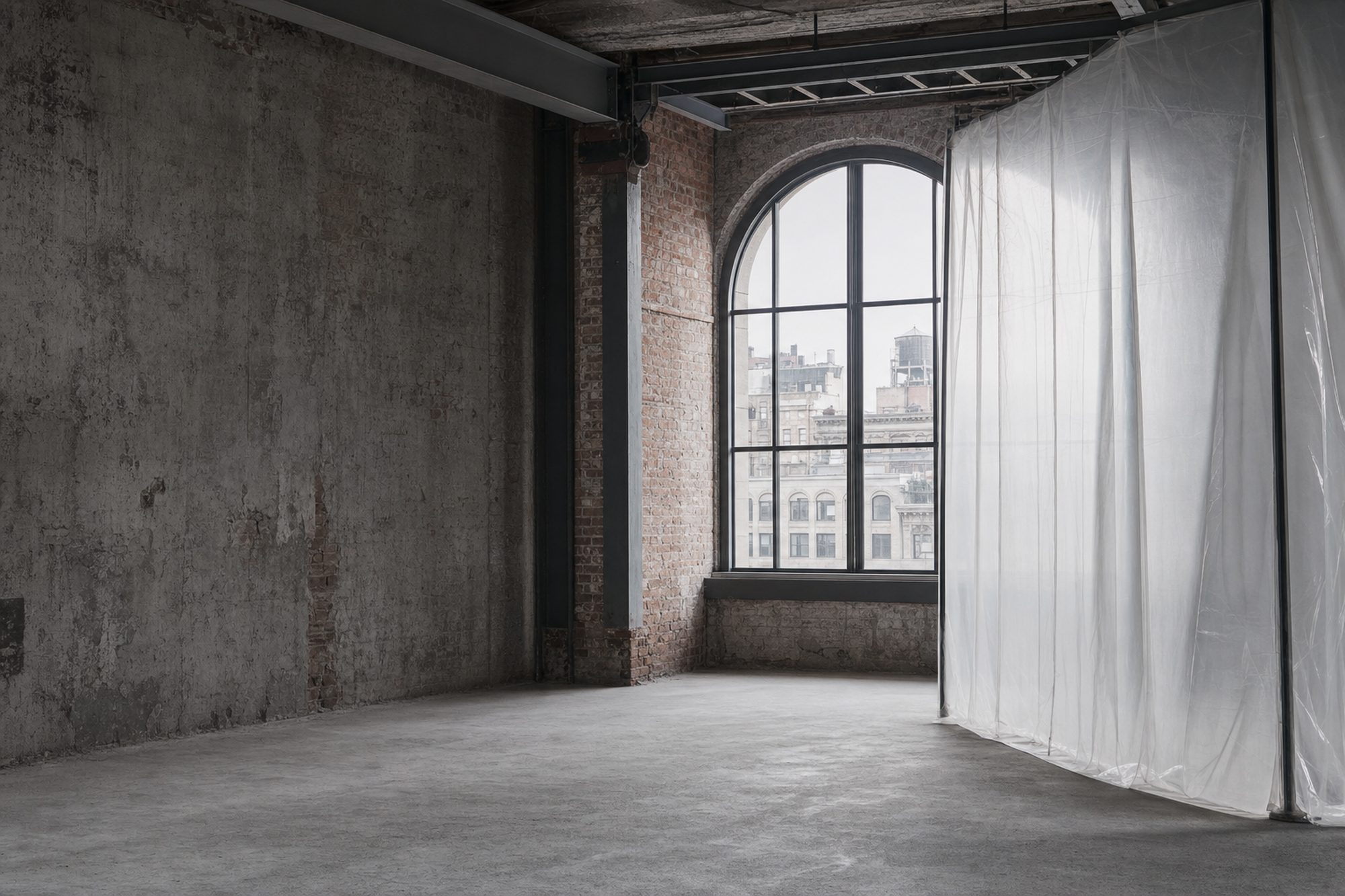 Interior of a New York City building mid-renovation with containment sheeting and an arched window