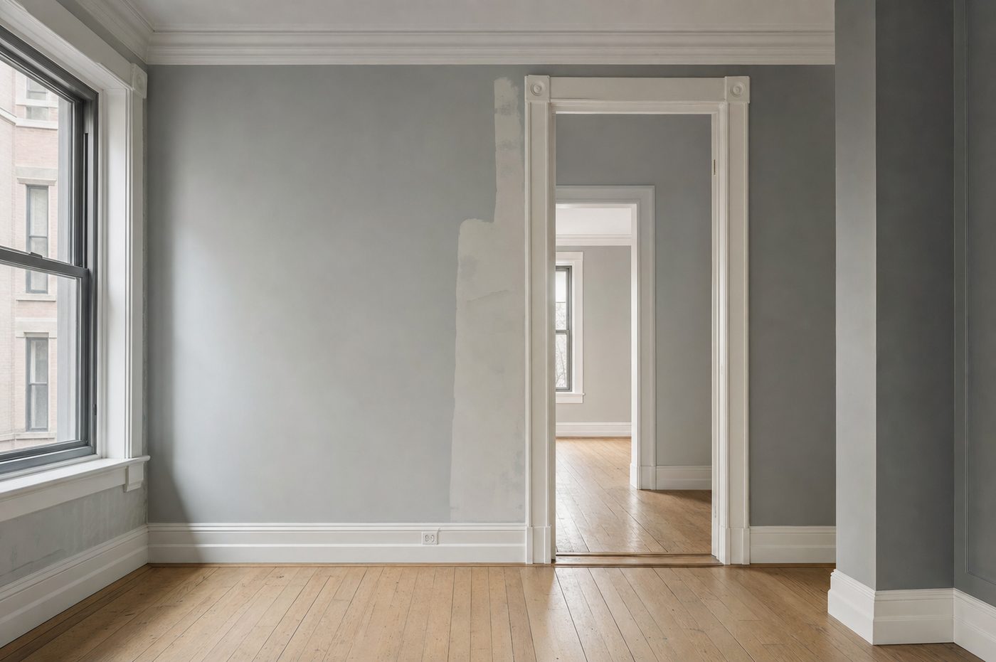 Empty New York City apartment interior between tenants with bare floors and a tall window